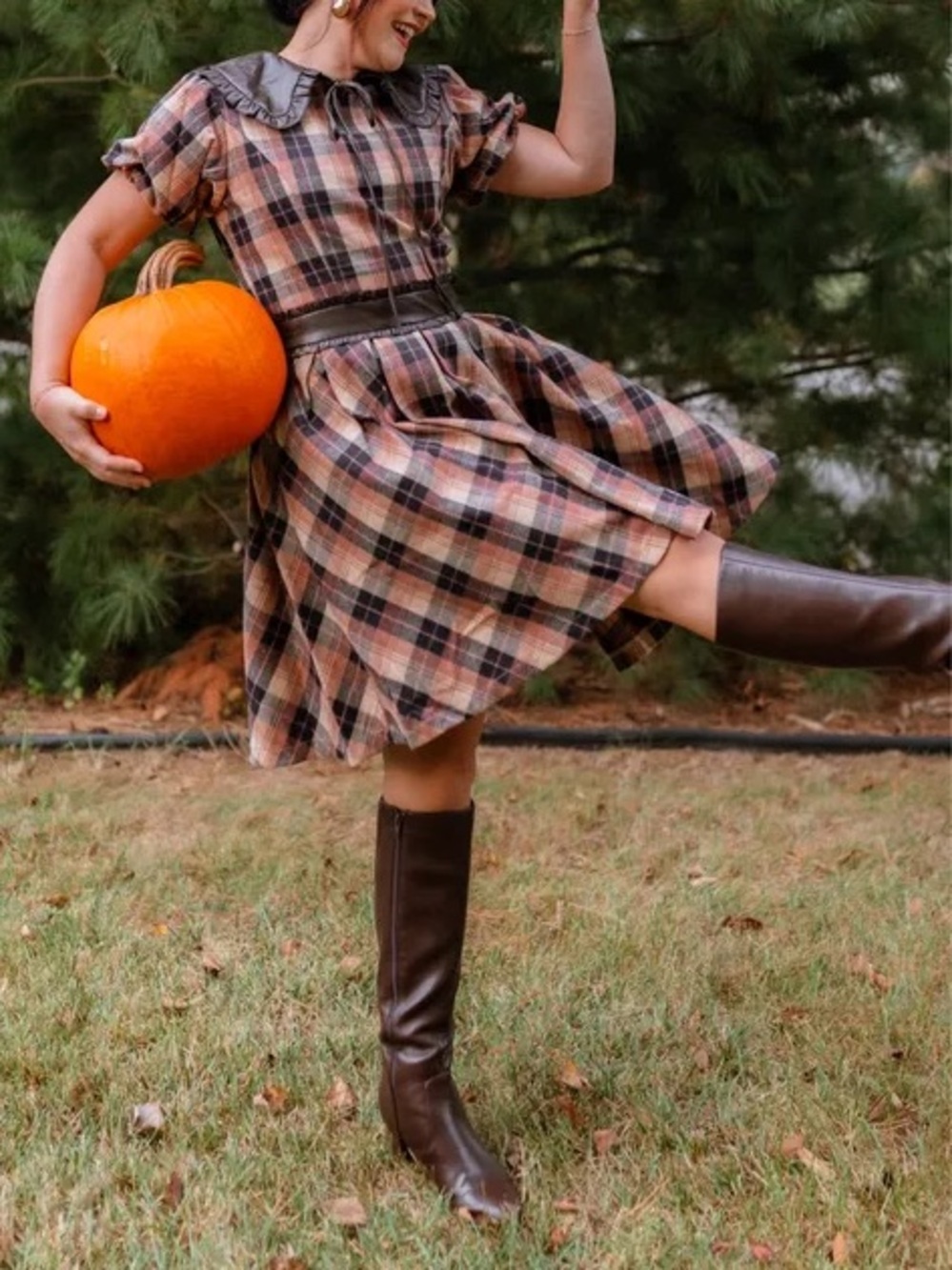 Ivy City Brown Plaid Puff Sleeve Fit and Flare Mini Dress Pockets
